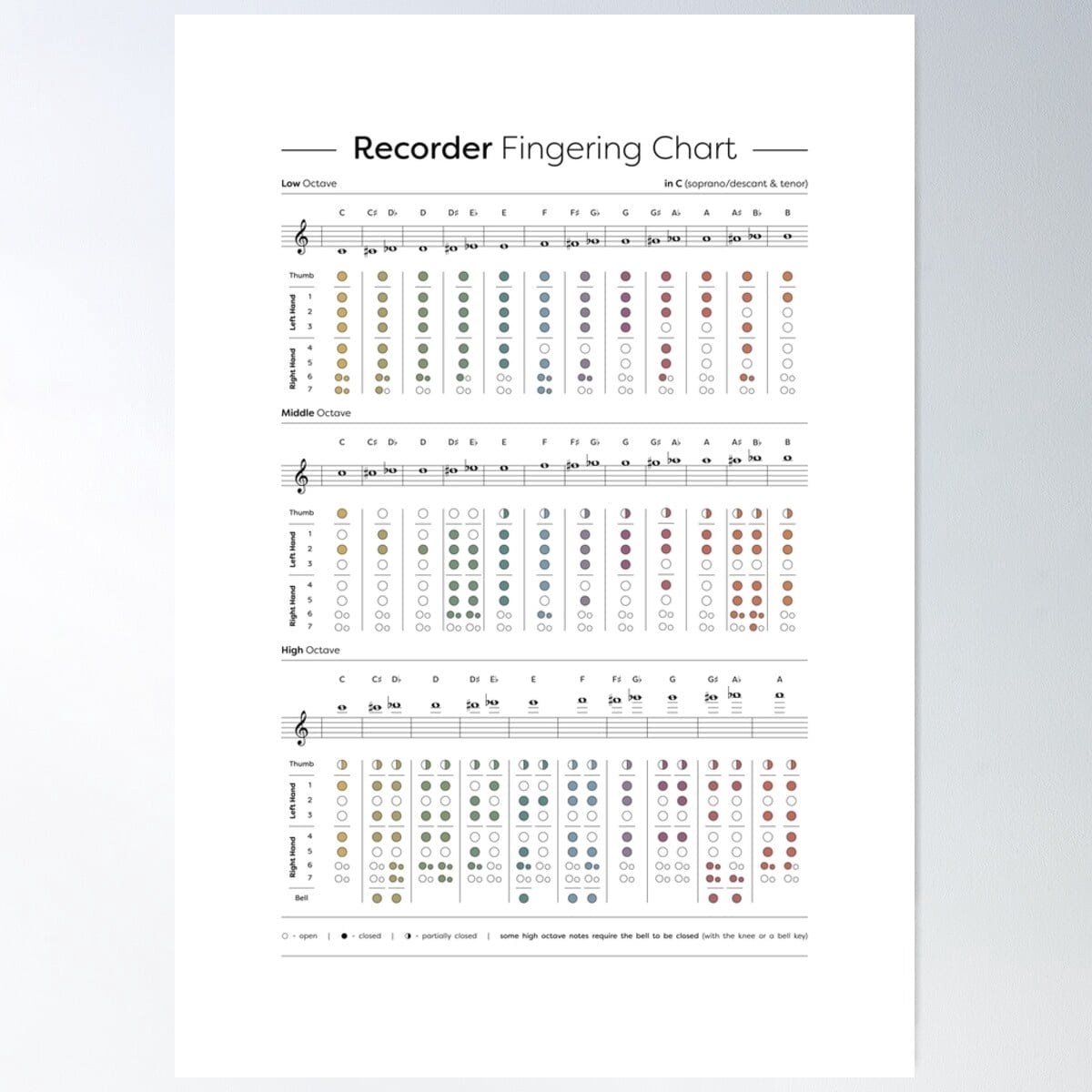 Recorder Fingering Chart, Soprano Poster Wall Art, UNFRAMED PAPER ...