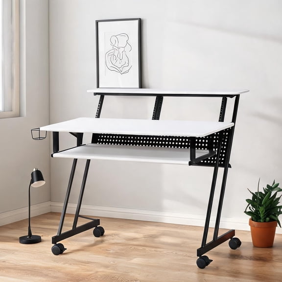 Recording Studio Desk with Black-Toned Top, Wood and Metal, Keyboard Tray, Caster Wheels