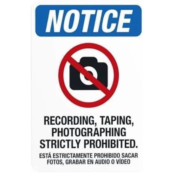 Recording Taping Photographing Prohibited Bilingual Metal Sign, Prohibition Security Plaque for Business Home Garage Street, Dual-Language Privacy Sign, 8x12 Inch