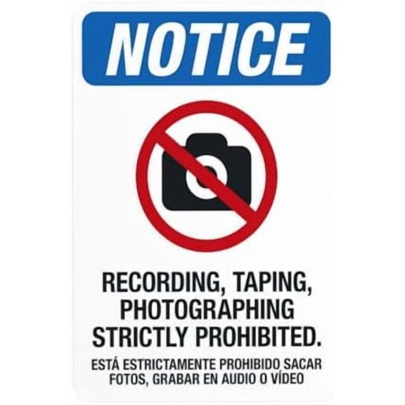 Recording Taping Photographing Strictly Prohibited Bilingual Warning Sign, Metal Signs for Business Home Garage Street Wall Caution Custom Decor 8 x 12 Inch