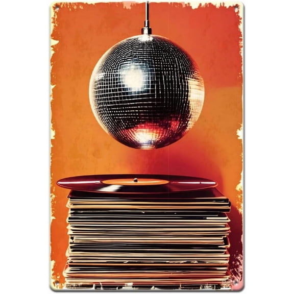 Records and Disco Ball Tin Sign Retro Metal Poster Vintage Country Art Sign Light Globe Bedroom Decor Vintage Wall Art