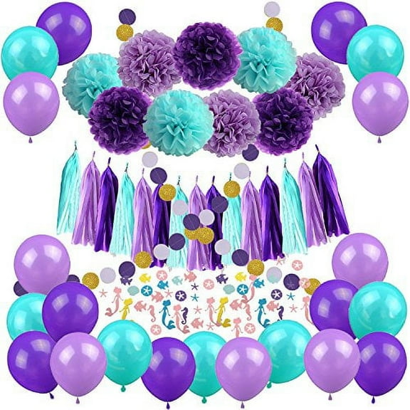 Recosis Mermaid Baby Shower Party Decoration with Pom Poms & Tassel, Teal Lavender Purple (57 Count)