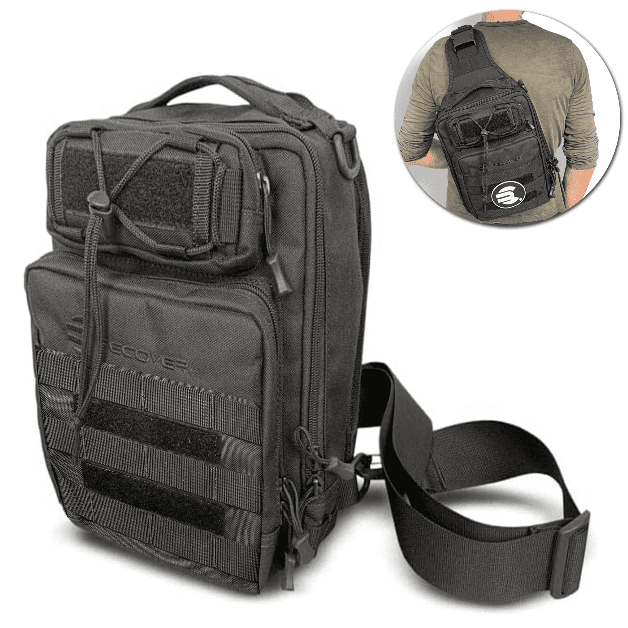 Recover Innovations EDC Bag Shoulder Sling Backpack w/ Molle-loop System, 3 Pockets, Black