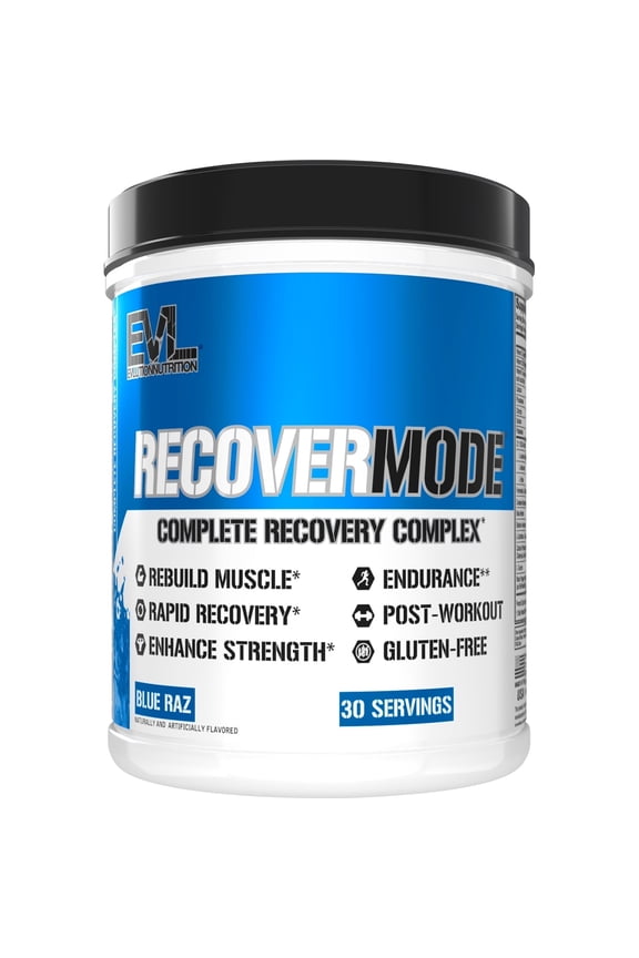 RecoverMode Post-Workout Supplement - Evlution Nutrition Complete Post Workout with BCAA, Electrolytes, Creatine, Beta-Alaninne, L-Carnitine & Glutamine - Muscle Recovery 30 Servings Blue Raz