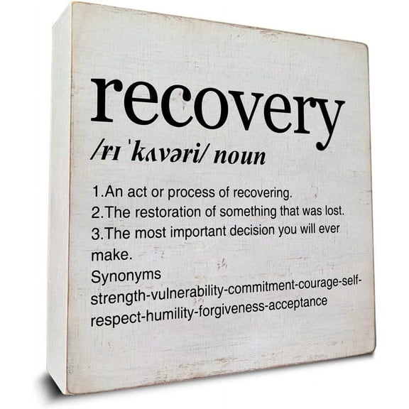 Recovery Gifts for Women Men Recovery Definition Art Wooden Box Sign Desk Decorative Wooden Sign Home Office Decoration for Table Shelf 7x7 Inches
