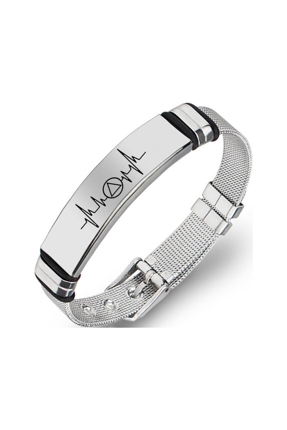 Recovery Sobriety Gifts - AA Heartbeat Sober Symbol Stainless Steel Mesh Bracelet, Addiction Recovering Anniversary Cuff Bangle Inspirational Jewelry for Soberness, Silver