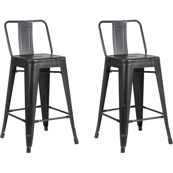 Recreation Room Chairs, Modern Light Weight Industrial Contemporary Rustic Vintage Costal Metal Barstools with Bucket Back and 4 Leg Design, (Set of 2) (24" Seat, Distressed Black), Game Chairs
