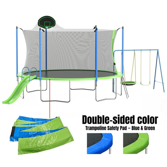Recreational Trampoline with Slide and Swings, Double color cover, Trampoline with Basketball Hoop and Ladder -14FT