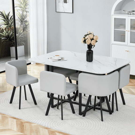 Rectanglar Dining Table Set for 6, 59" Farmhouse Kitchen Table and 6 Upholstered Dining Chairs, 7 Piece Dining Room Table Set for Living Room