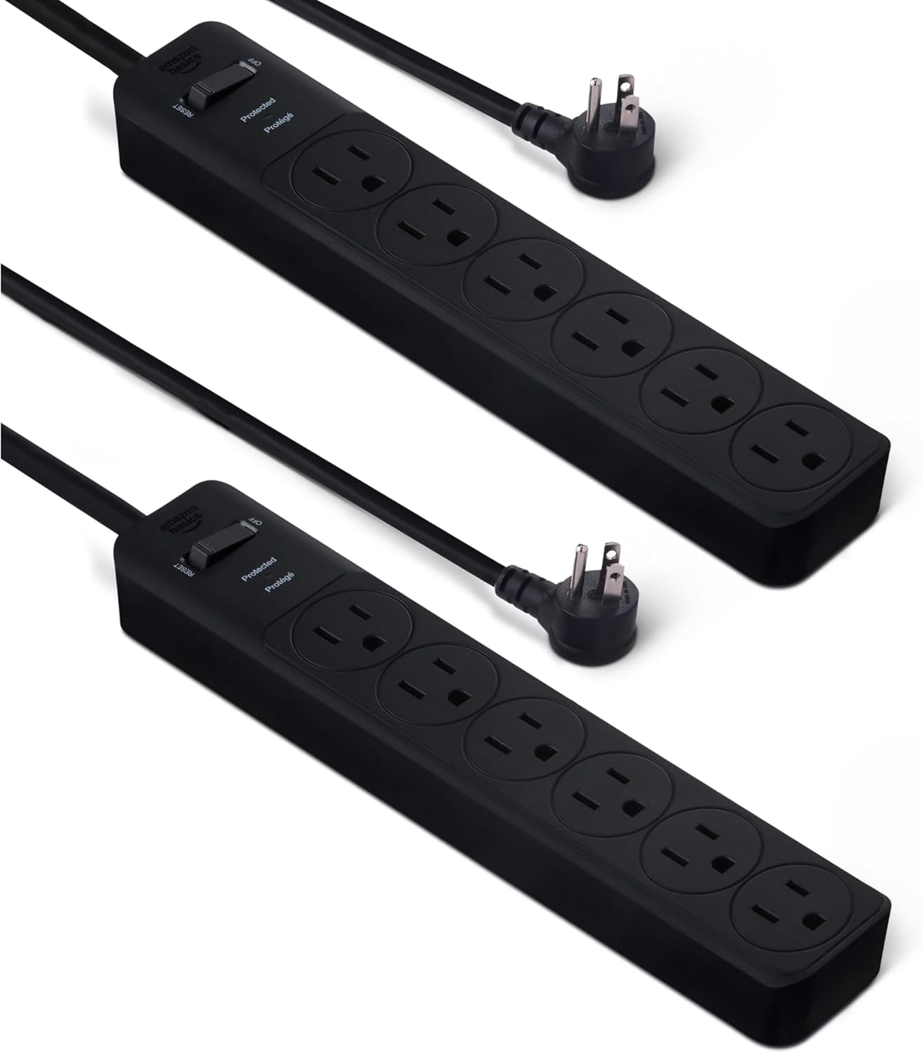 Rectangle 6-Outlet Sur Protector Power Strip with Circuit Breaker, 600 Joule, 2ft Cord, Black, 2-Pack