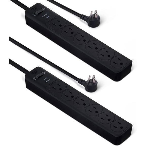 Rectangle 6-Outlet Sur Protector Power Strip with Circuit Breaker, 600 Joule, 2ft Cord, Black, 2-Pack