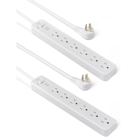 Rectangle 6-Outlet Sur Protector Power Strip with Circuit Breaker, 600 Joule, 2ft Cord, White, 2-Pack