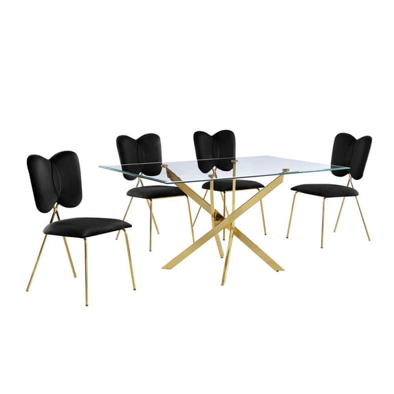 Rectangle 60" x 38" 5pc Clear Glass Dining Set with Black Chairs