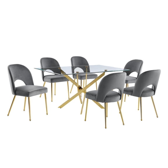 Rectangle 60" x 38" 7pc Clear Glass Dining Set with Dark Gray Chairs
