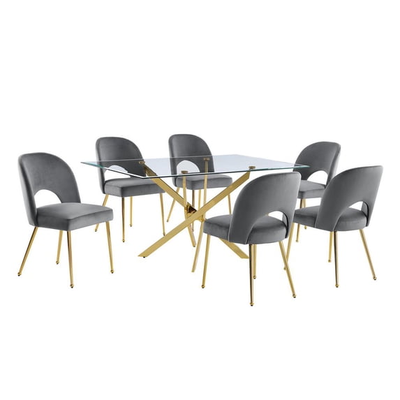 Rectangle 60" x 38" 7pc Clear Glass Dining Set with Dark Gray Chairs