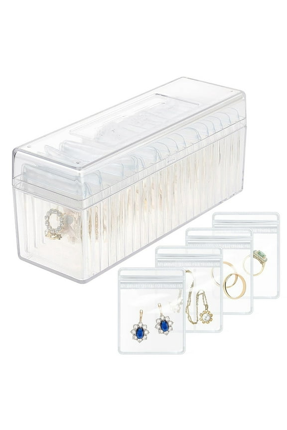 Rectangle Acrylic Jewelry Organizer Storage Boxes with 20Pcs Anti-oxidation PVC Jewelry Zip Lock Bags Clear 21x7.1x9.7cm bag: 8x6cm