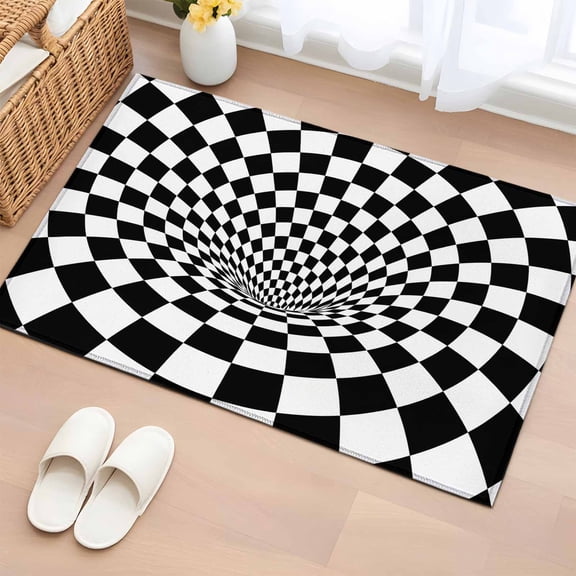 Rectangle Area Rug 2x3ft, 3D Checkerboard Tunnel Non-Slip Non-Shedding Floor Mat, Black White Optical Illusion Washable Sturdy Carpet for Living Room Bedroom Home Decor