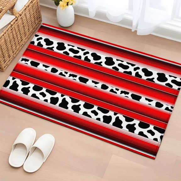 Rectangle Area Rug 2x3ft,Abstract Animals Milk Cow Skin Texture Washable Carpet Non-Slip Runner Accent Rugs Indoor Floor Mat for Bedroom Living Room Decor,Black White Red Stripes