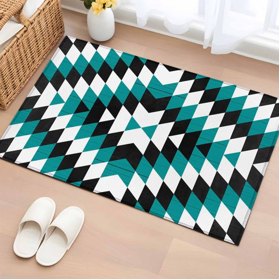 Rectangle Area Rug 2x3ft, Abstract Aztec Texture Pattern Non-Slip Non-Shedding Floor Mat, Green Black Geometric Art Washable Sturdy Carpet for Living Room Bedroom Home Decor