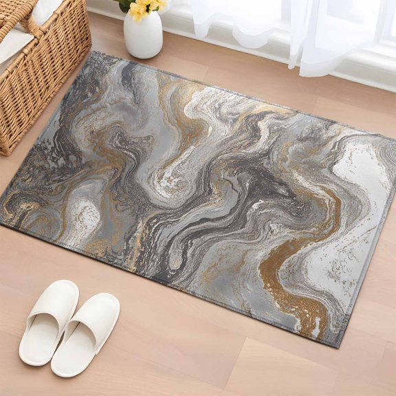 Rectangle Area Rug 2x3ft, Abstract Black Grey Marble Texture Non-Shedding Washable Area Rug, Modern Fluid Art Non Slip Low-Profile Rugs for Living Room, Bedroom Dining Room