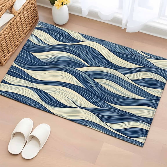Rectangle Area Rug 2x3ft, Abstract Blue White Wave Texture Non-Slip Non-Shedding Floor Mat, Watercolor Stripe Seamless Washable Sturdy Carpet for Living Room Bedroom Home Decor