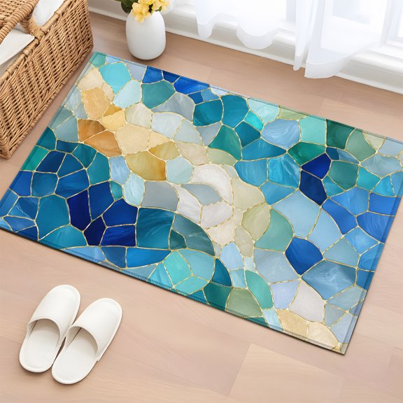 Rectangle Area Rug 2x3ft, Abstract Blue Yellow Glass Shard Non-Slip Non-Shedding Floor Mat, Seamless Broken Tile Print Washable Sturdy Carpet for Living Room Bedroom Home Decor