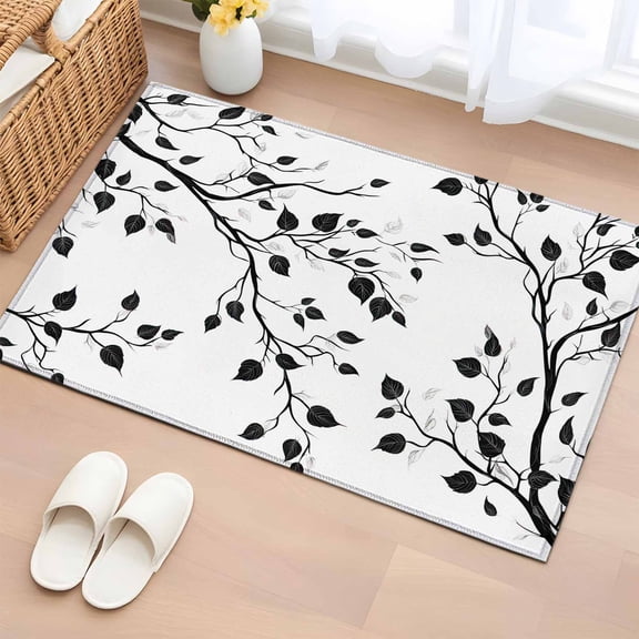 Rectangle Area Rug 2x3ft, Abstract Branches Leaves Non-Slip Non-Shedding Floor Mat, Black White Artwork Washable Sturdy Carpet for Living Room Bedroom Home Decor