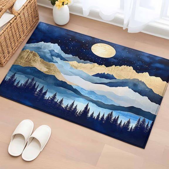 Rectangle Area Rug 2x3ft, Abstract Cartoon Landscape Hill Non-Shedding Washable Area Rug, Green Forest Lake Star Non Slip Low-Profile Rugs for Living Room, Bedroom Dining Room
