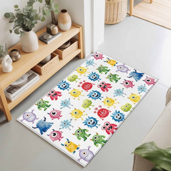 Rectangle Area Rug 2x3ft,Abstract Cartoon Monsters Washable Carpet Non-Slip Runner Accent Rugs Indoor Floor Mat for Bedroom Living Room Decor,Seamless Colorful Cute Alien