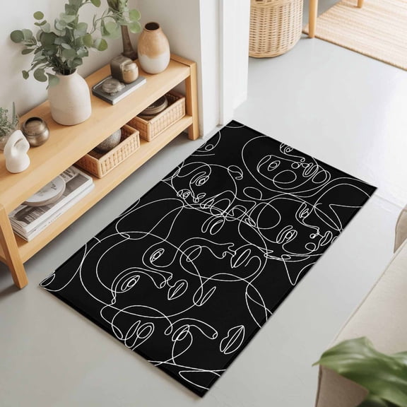 Rectangle Area Rug 2x3ft,Abstract Character Face Modern Line Arts Washable Carpet Non-Slip Runner Accent Rugs Indoor Floor Mat for Bedroom Living Room Decor,Black White