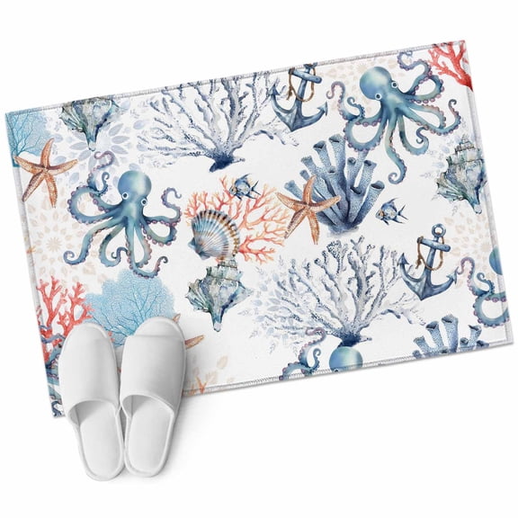 Rectangle Area Rug 2x3ft, Abstract Eight-Paw Fish Corals Non-Slip Non-Shedding Floor Mat, Marine Life Sea Snails Washable Sturdy Carpet for Living Room Bedroom Home Decor