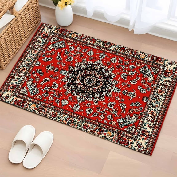 Rectangle Area Rug 2x3ft, Abstract Flower Retro Ethnic Style Non-Slip Non-Shedding Floor Mat, Burgundy Red Washable Sturdy Carpet for Living Room Bedroom Home Decor