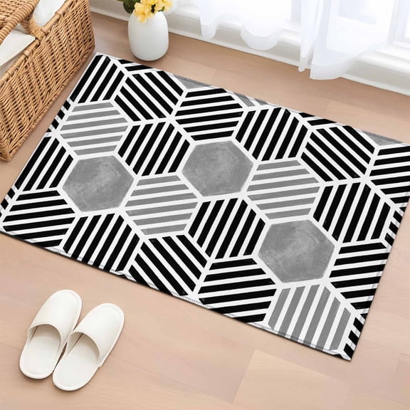 Rectangle Area Rug 2x3ft,Abstract Geometric Hexagon Stripes Washable Carpet Non-Slip Runner Accent Rugs Indoor Floor Mat for Bedroom Living Room Decor,Modern Black Gray White