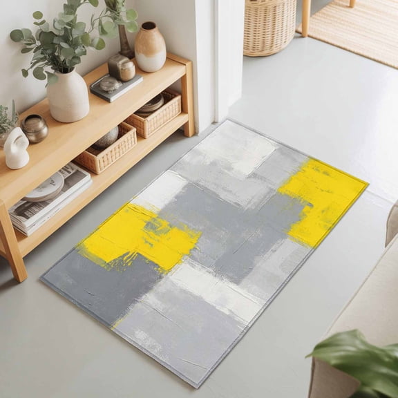 Rectangle Area Rug 2x3ft,Abstract Gray Yellow Washable Carpet Non-Slip Runner Accent Rugs Indoor Floor Mat for Bedroom Living Room Decor,Modern Minimalist Theme