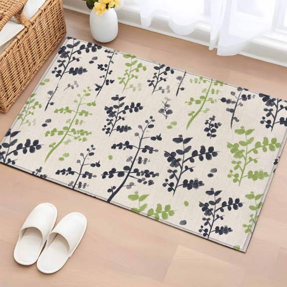 Rectangle Area Rug 2x3ft, Abstract Green Black Leaves Non-Shedding Washable Area Rug, Rustic Herb Vintage Linen Non Slip Low-Profile Rugs for Living Room, Bedroom Dining Room