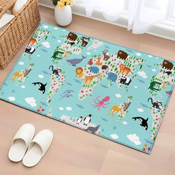 Rectangle Area Rug 2x3ft, Abstract Map Cartoon Animals Non-Slip Non-Shedding Floor Mat, Blue Ocean Cloud Palm Tree Washable Sturdy Carpet for Living Room Bedroom Home Decor