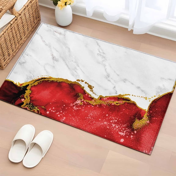 Rectangle Area Rug 2x3ft,Abstract Marble Stone Texture Washable Carpet Non-Slip Runner Accent Rugs Indoor Floor Mat for Bedroom Living Room Decor,Modern Red Gold White