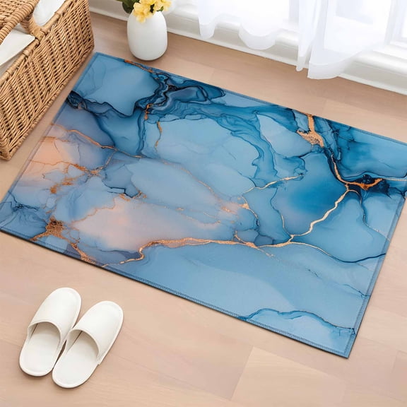 Rectangle Area Rug 2x3ft,Abstract Marble Texture Art Washable Carpet Non-Slip Runner Accent Rugs Indoor Floor Mat for Bedroom Living Room Decor,Watercolor Gradient Blue-grey