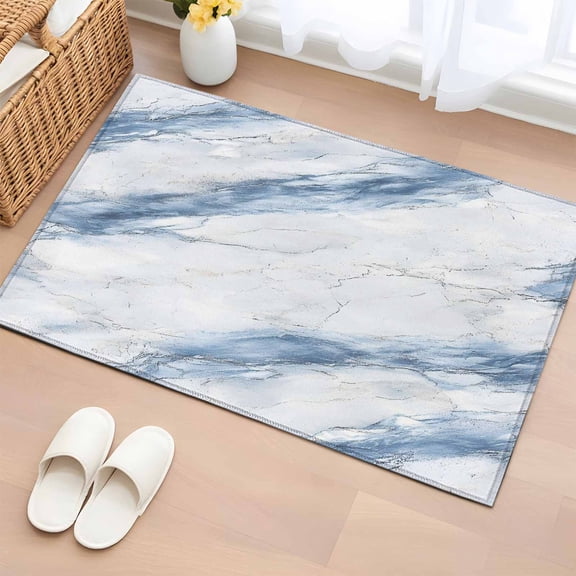 Rectangle Area Rug 2x3ft,Abstract Marble Texture Washable Carpet Non-Slip Runner Accent Rugs Indoor Floor Mat for Bedroom Living Room Decor,Modern Blue White Stone Art