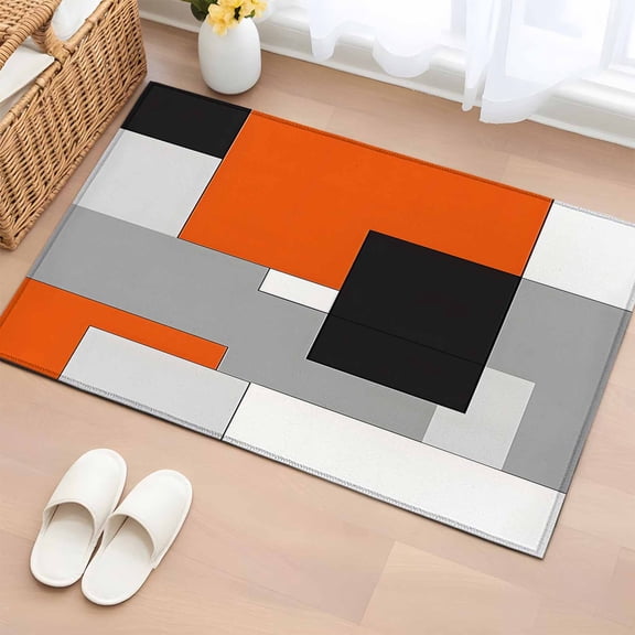 Rectangle Area Rug 2x3ft, Abstract Minimalist Patchwork Art Non-Shedding Washable Area Rug, Orange Black Gray Block Non Slip Low-Profile Rugs for Living Room, Bedroom Dining Room