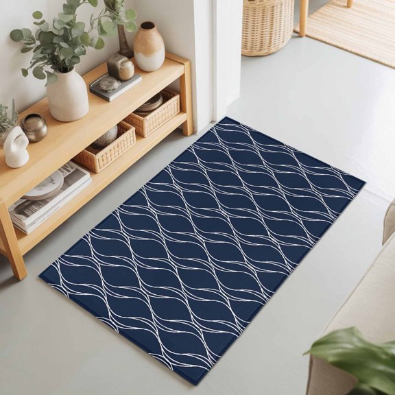 Rectangle Area Rug 2x3ft,Abstract Navy Blue Waves Line Living Room Rug Non-Slip Washable Circle Rugs Pad,Classic White Striped Wavy Soft Floor Carpet for Bedroom Dining Room