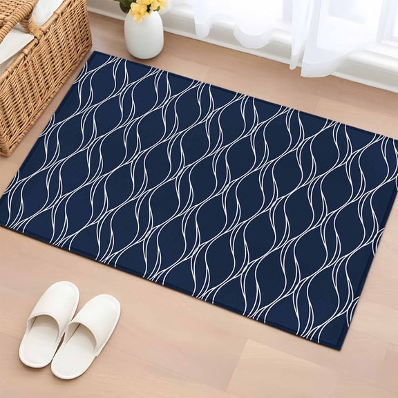 Rectangle Area Rug 2x3ft, Abstract Navy Blue Waves Line Non-Slip Non-Shedding Floor Mat, Classic White Striped Wavy Washable Sturdy Carpet for Living Room Bedroom Home Decor