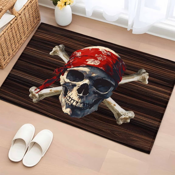 Rectangle Area Rug 2x3ft,Abstract Punk Pirate Skull Washable Carpet Non-Slip Runner Accent Rugs Indoor Floor Mat for Bedroom Living Room Decor,Crossbones on Brown Wood Board