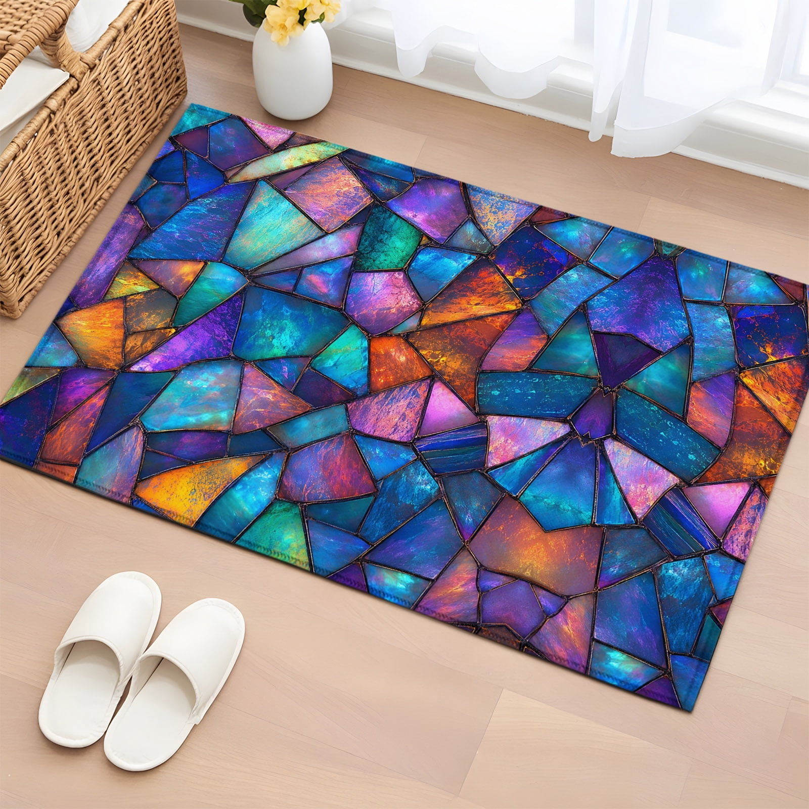 Abstract Leaf Pattern Area Rug Rectangle Area Rug 2x3ft, Abstract Stained-Glass Pattern Non-Slip Non ...