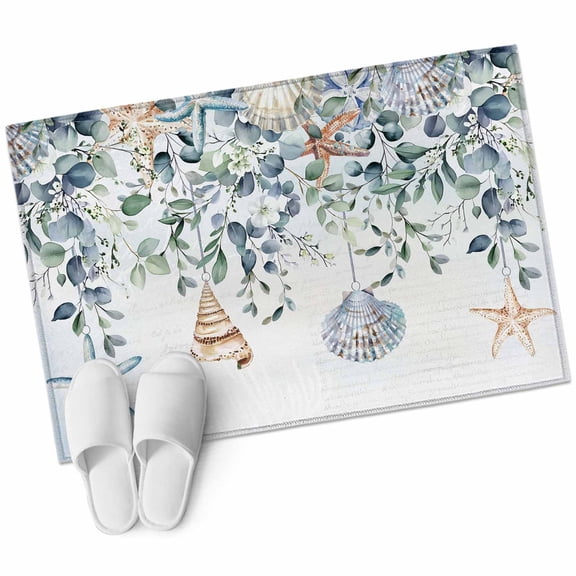 Rectangle Area Rug 2x3ft, Abstract Starfish Shell on Eucalyptus Leaves Non-Slip Non-Shedding Floor Mat, Marine Life Washable Sturdy Carpet for Living Room Bedroom Home Decor