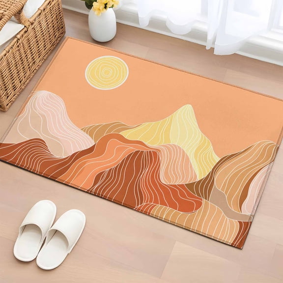 Rectangle Area Rug 2x3ft,Abstract Sun Mountain Landscape Washable Carpet Non-Slip Runner Accent Rugs Indoor Floor Mat for Bedroom Living Room Decor,Orange Yellow Theme White Line