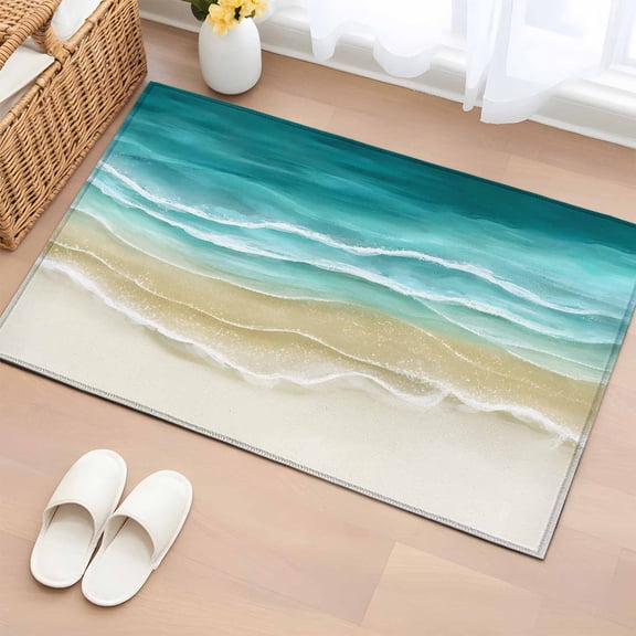 Rectangle Area Rug 2x3ft, Abstract Turquoise Beige Beach Theme Non-Slip Non-Shedding Floor Mat, Coastal Ombre Water Ripple Washable Sturdy Carpet for Living Room Bedroom Home Decor