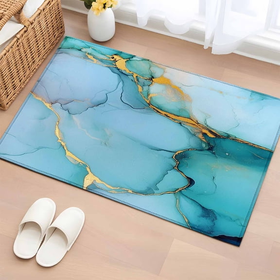 Rectangle Area Rug 2x3ft,Abstract Turquoise Marble Gold Lines Washable Carpet Non-Slip Runner Accent Rugs Indoor Floor Mat for Bedroom Living Room Decor,Minimalism Art