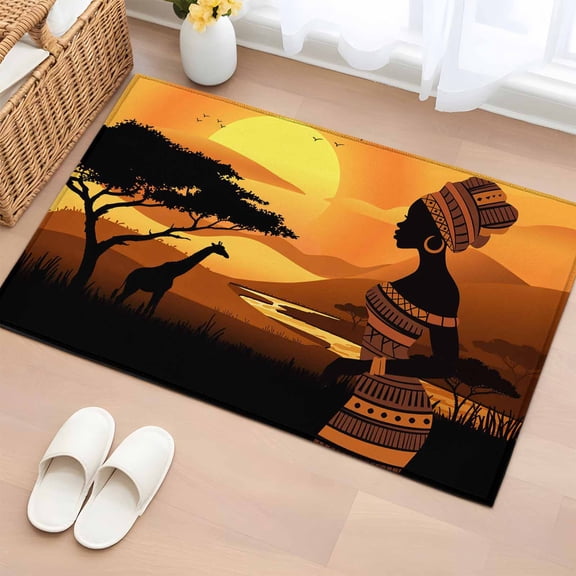 Rectangle Area Rug 2x3ft,African Black Women Washable Carpet Non-Slip Runner Accent Rugs Indoor Floor Mat for Bedroom Living Room Decor,Farmhouse Deer Sunset Landscape