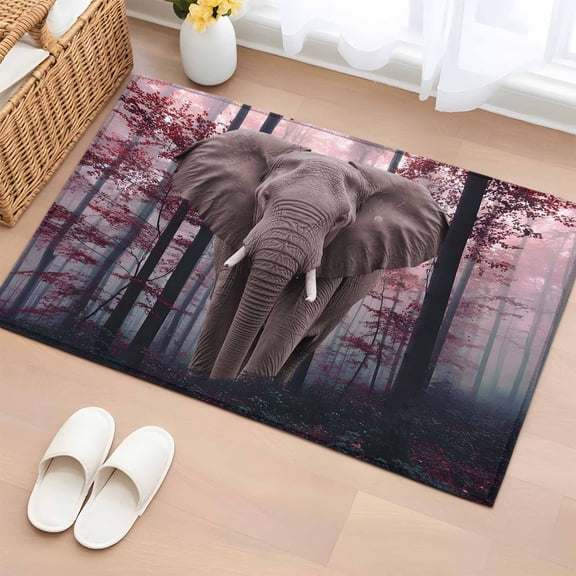 Rectangle Area Rug 2x3ft,African Elephant in Misty Forest Washable Carpet Non-Slip Runner Accent Rugs Indoor Floor Mat for Bedroom Living Room Decor,Thanksgiving Red Maple Art